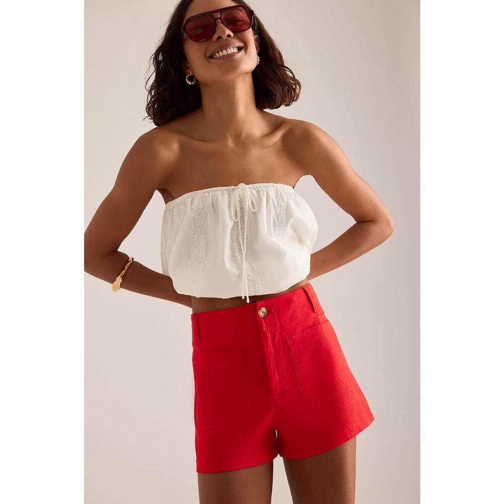 Anthropologie Maeve Red Colette European Linen Stretch High-Rise Shorts-size 32
